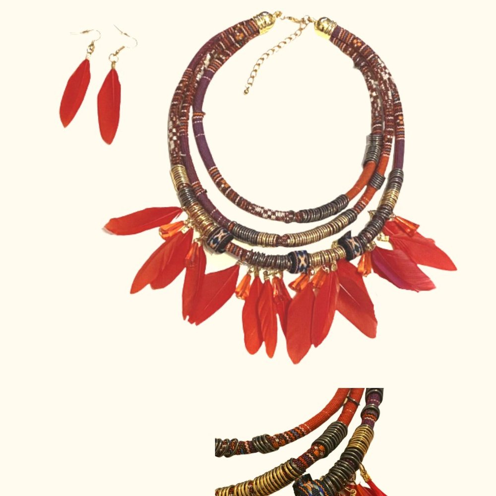 Statement Jewelry Set Ethnic Necklace and Earrings Set Fabric Feathers Metal